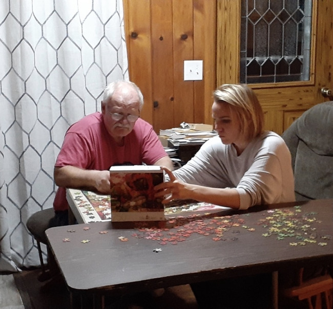 Mandy's dad had heart surgery a couple of years ago, since then, there is always a puzzle laying around. It's become a family affair. 