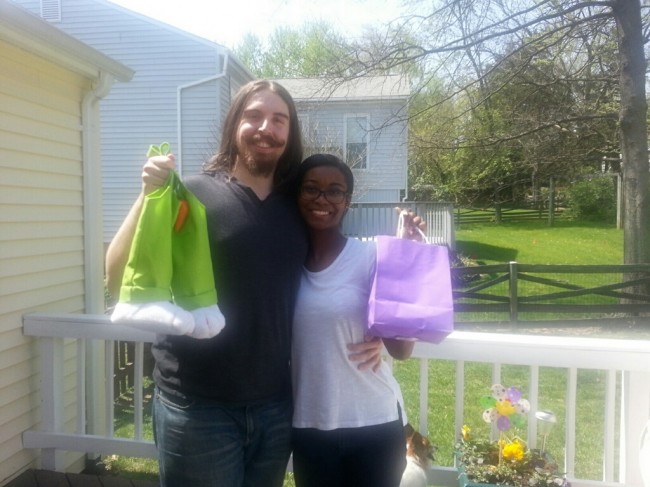 Amy's brother and sister in law holding up their Easter baskets! We love doing egg hunts each year.