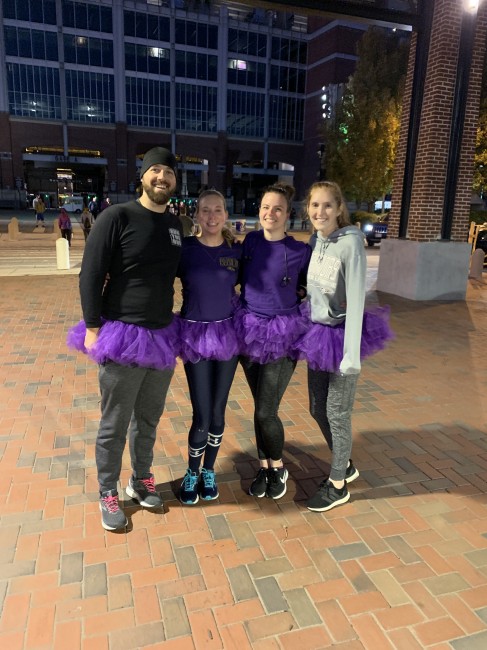 Amy and friends at a marathon relay. One of our original girl couldn't make it so a guy friend stepped in. And even wore the team tutu!