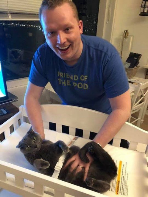 Brad wanted to test out the changing table before the baby arrived.  Babar, our cat, was a good sport.  
