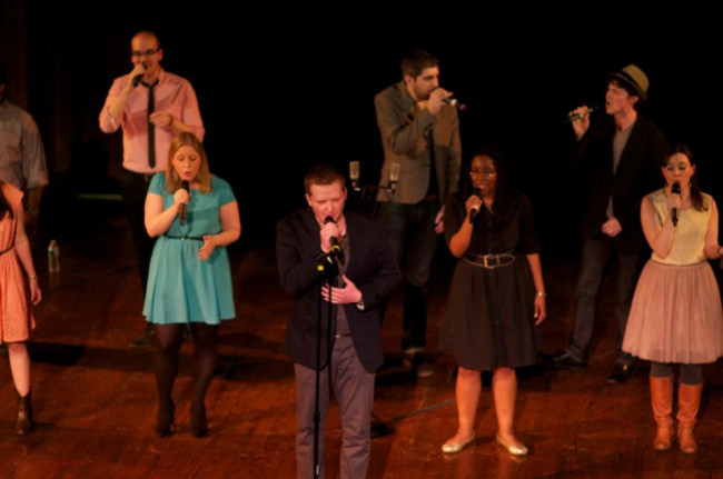 Brad sings in an a cappella group with his friends.  
