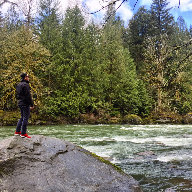Hiking along the Snoqualmie River in Washington.