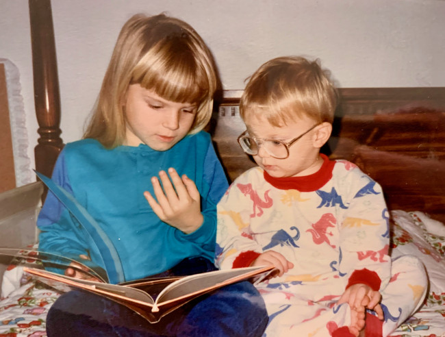 Steph reading to her brother as kids. Me and Jason were very close growing up! 