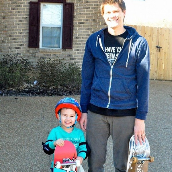 Adoptive Dad teaches son to skateboard