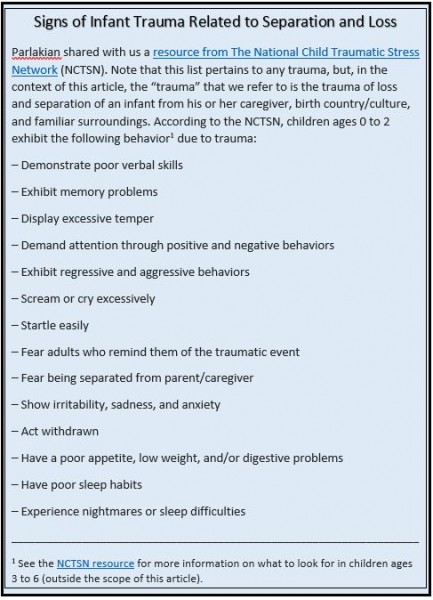 SIgns of infant  trauma related to separation and loss