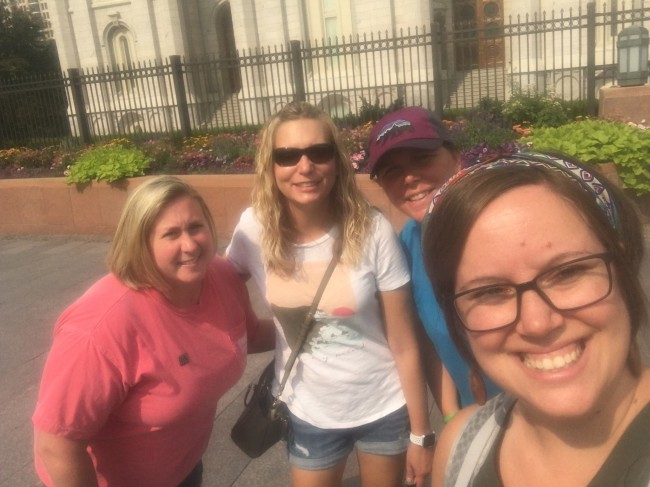 The girls posing for a pic while touring the Mormon Temple Grounds
