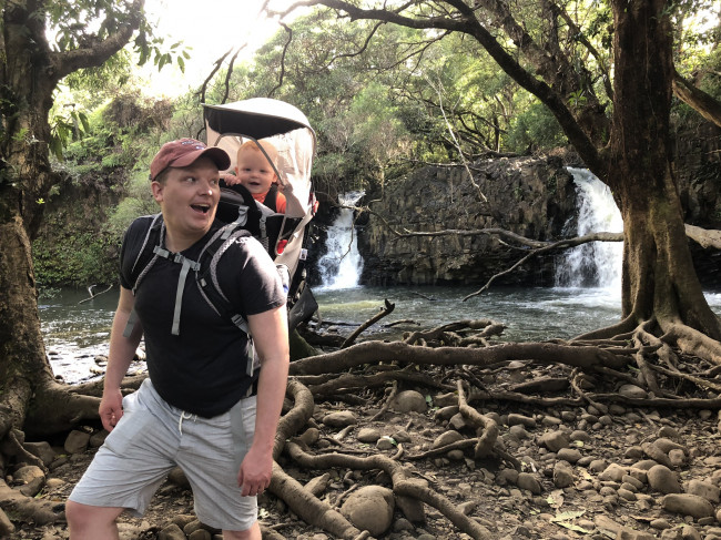 Hiking down to a waterfall in Hawaii.  Finn loved it!