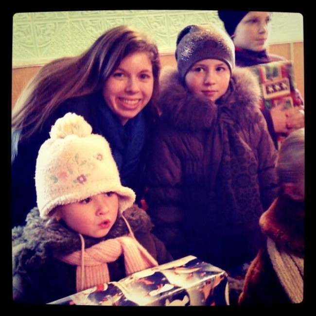 Sheri passing out Operation Christmas Child gifts in Ukraine.