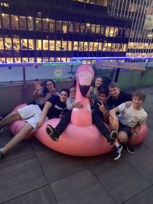 Hanging out on a pink flamingo - Manny and his friends.