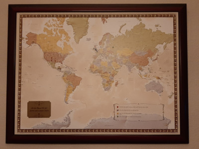 Our family map of everywhere we have traveled and our dream destinations.
