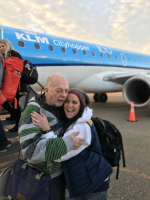 Lisa and Gavin's dad, Gary, on the tarmac in Amsterdam!