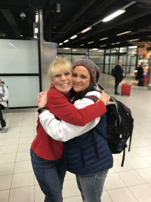 Lisa and Gavin's mom, Ingrid, at the airport during our Europe trip!