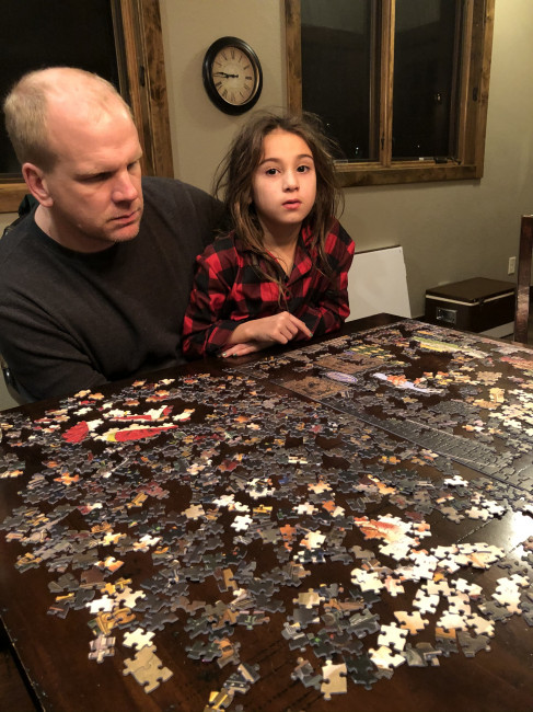 We do a lot of puzzles. It's been harder with a toddler, but that will pick back up eventually. 