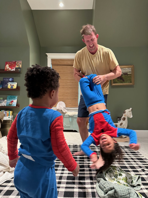 Wrestle-mania with two little spidermen and their dad! 