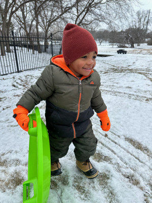 Wesley had so much fun sledding by himself for the first time!