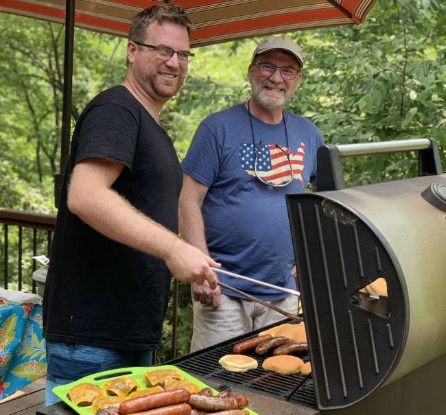 Uncle Geoff and Grandpa Grilling Fourth of July lunch!