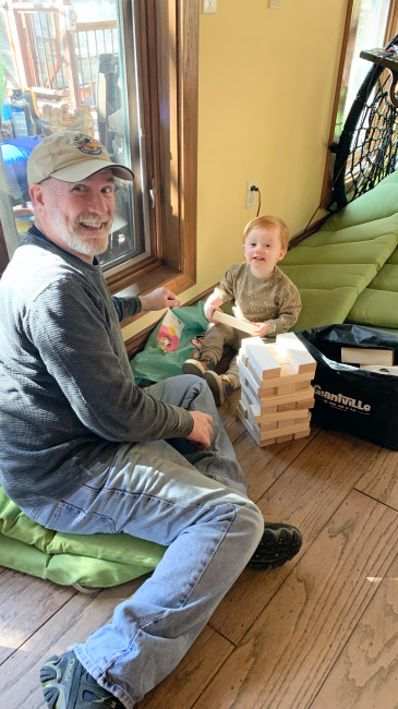 Grandpa and Cullen building a tower