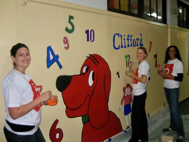 Steph and some teachers friends volunteering to paint a school mural. 