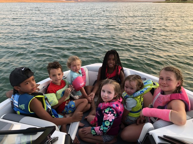Cousins in the bow of the boat. The best place to be.