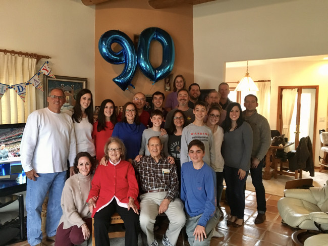 Monica and Jake with her family celebrating her grandpa's 90th birthday! In this picture are her parents, sister, aunts, uncles, grandparents and cousins