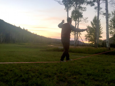 We hang out by our slack line a lot. Brenda and Nell just sort of wobble on it. Tommy's pretty solid on it. 