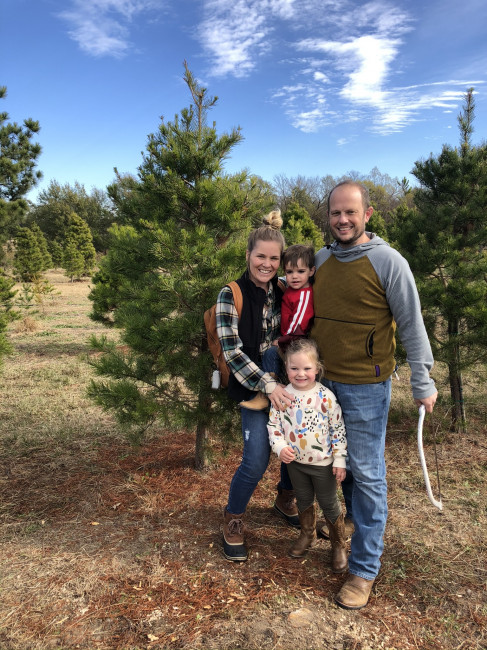 Meredith, Justin and kids at a tree farm!