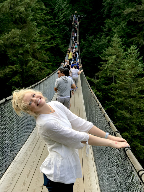 Cami facing her fear of heights at the Capilano suspension bridge in Vancouver