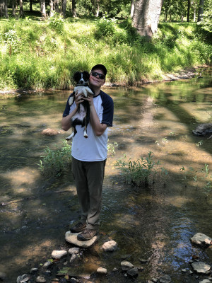 We love to explore the trails and creeks here in Virginia. Dante is our trusty sidekick for our outdoor adventures.