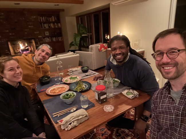 Enjoying dinner at our home in Connecticut with Jenny and Henderson.