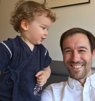 Tyler sharing a laugh with Daniel, on a visit to our friends Juliette and Tim in Paris, France.