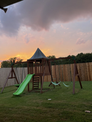 We have a large, fenced backyard with lots of outdoor play toys. On Sunday evenings we like to grill and eat outside. 