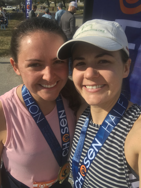 Elizabeth and her friend running a half marathon in central Texas.