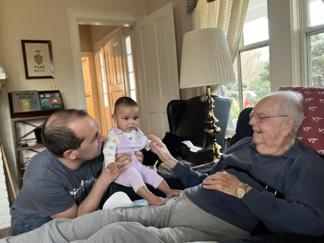 Meeting her great grandfather.