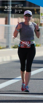 Elizabeth running a marathon.