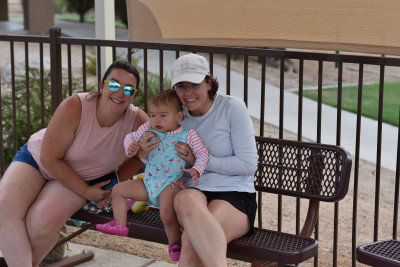 Lee's sister and our niece with Elizabeth at our neighborhood splash pad!
