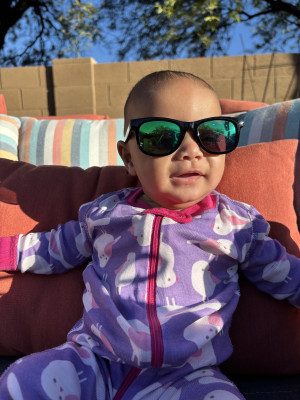 Hanging out with her shades in our backyard.