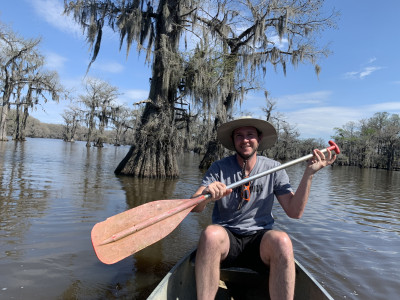Calen canoeing on Caddo Lake on the border of Texas and Louisiana.