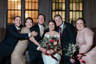 With our best men and maids of honor on our wedding day. We've both had the same best friends since childhood.