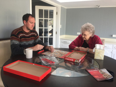 Playing Scrabble with Grandma Evie, Megan's 93-year-old grandmother.