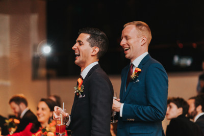 Sharing a laugh at our wedding reception (2018)