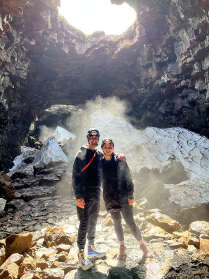 Hiking through a lava tunnel! Headlamps required! 