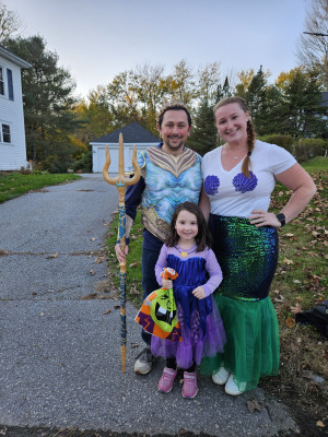                 Halloween 2023
Raegan wanted to be Ursula the Sea Witch, so Cody was King Triton and Morgan was Ariel!