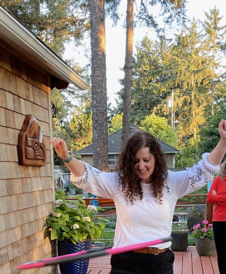 JoAnna's attempt to hula hoop!  She hasn't done this since she was a kid, but is always up for a challenge.  