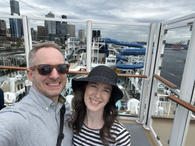 One of our most recent pics together is right after boarding our cruise ship to Alaska! We like to travel and adventure together. Trying new restaurants, exploring new towns, and making memories together. 