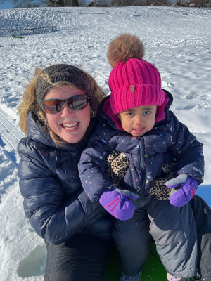 Sledding for the first time with Aunt Lisa! 