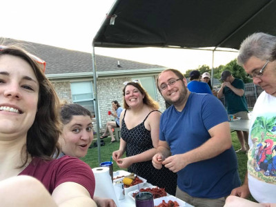 This is us with some of our family members at our annual family crawfish boil that we have at Brad's dad's house.