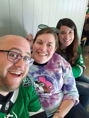 This is us with Ty at a Stars hockey game.