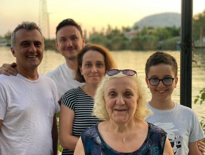 Family time in Turkey after a long day at the beach.  From left:  Nico, Jamie, Nico's sister Sarah, his mom Talia, and his nephew Jonas. 
