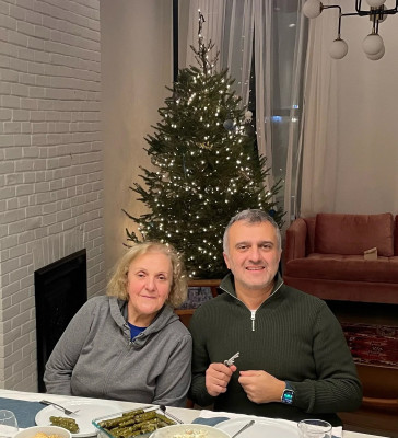 Nico's mom Talia and Nico getting ready for Christmas Eve celebrations at home in NYC.  