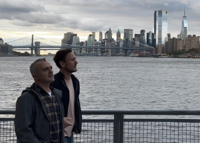 Nico (left) and Jamie (right) walking along the river in New York.  